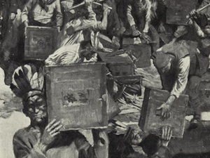 disguised patriots carrying tea crates