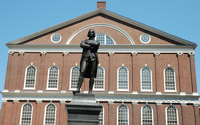 Samuel Adams statue in front of Faneuil Hall in Boston
