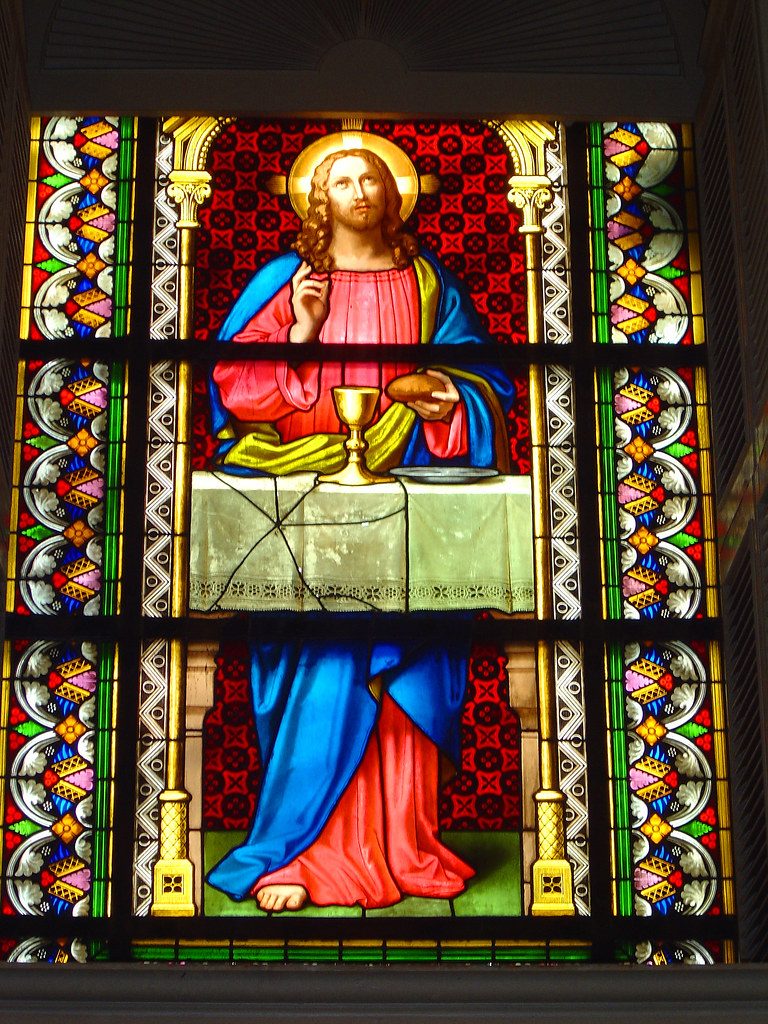 Stained glass inside Kings Chapel in Boston