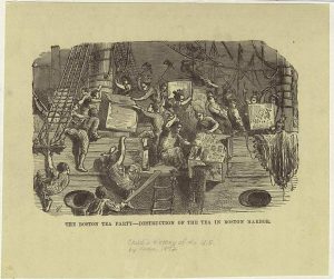 Bostonians destroying tea crates