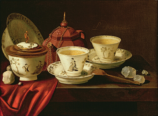 A Yixing Teapot and a Chinese Porcelain Tete-a-Tete on a Partly Draped Ledge (oil on canvas)