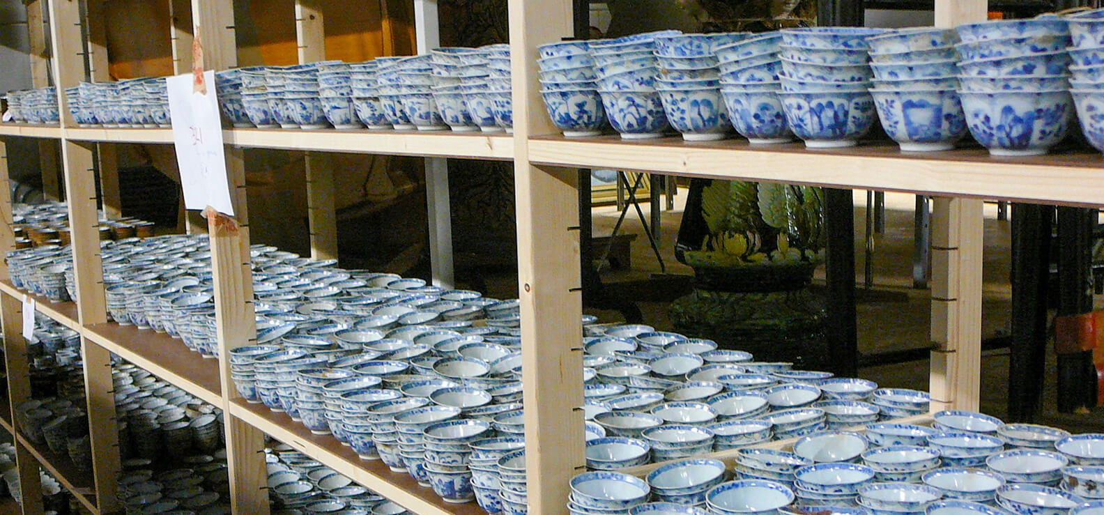 Shelved covered in tea ware from China